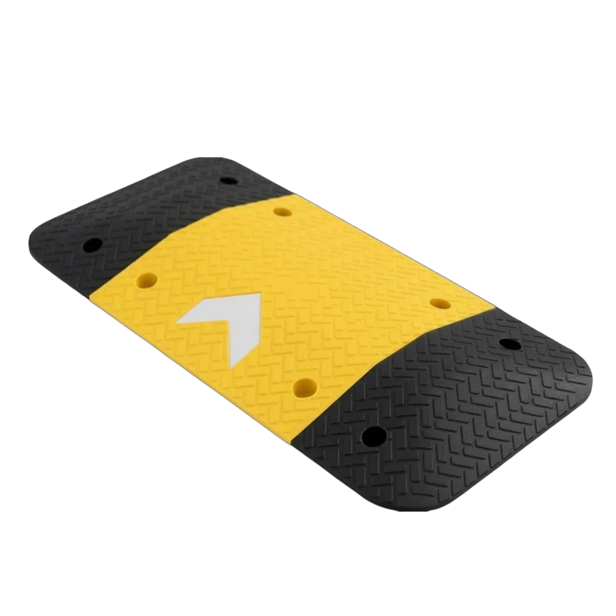 3 in modular rubber speed bump for parking lots, black and yellow strip with reflective directional arrows, bolt-down speed bump from LT Plastics